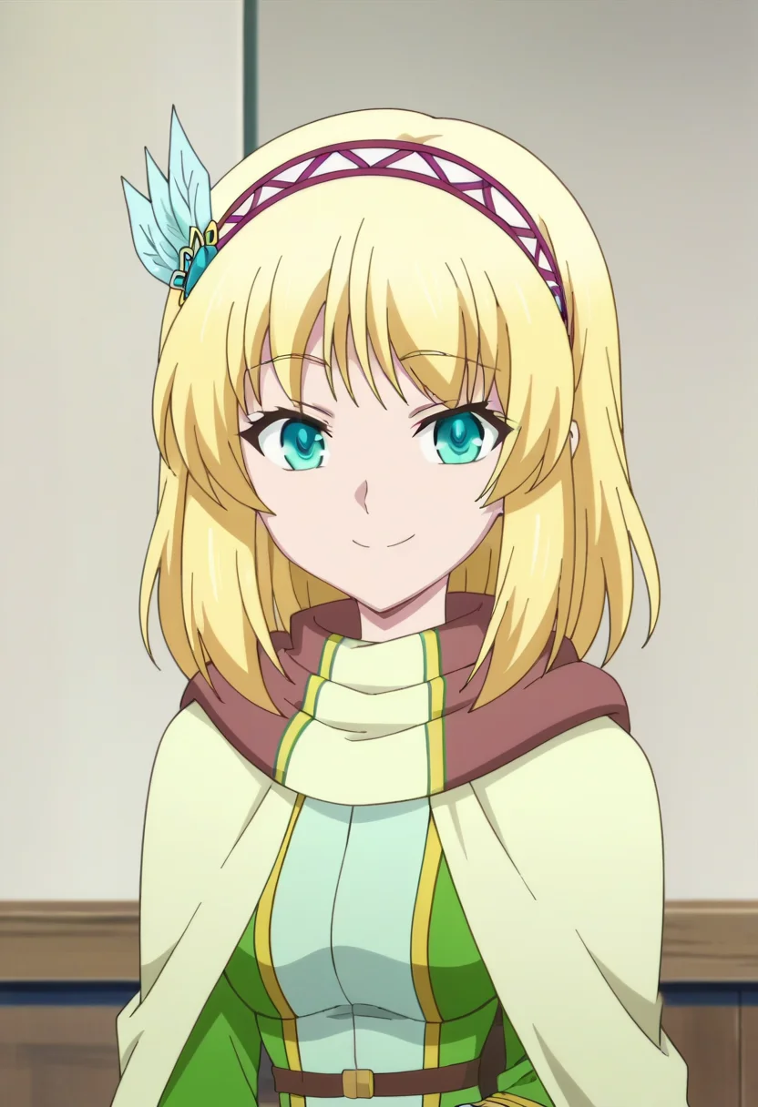 score_9, score_8_up, score_7_up, score_6_up, score_5_up, score_4_up , anime coloring ,BREAK source_anime, anime,screencap,
1girl, solo, bangs, blonde hair, hair ornament, long sleeves, green eyes, hairband, medium hair, cape, aqua eyes, feather hair ornament, <lora:PonyXL Cayna V1:1>
indoors, looking at viewer, upper body, smile,
