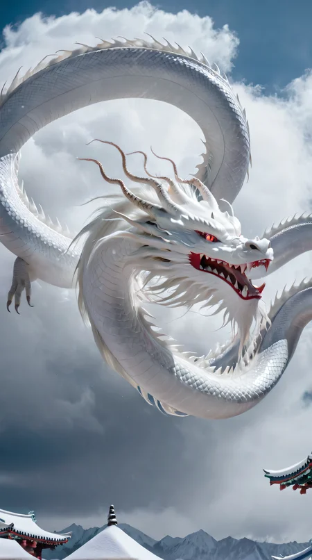 <lora:xl-shanbailing-1025-eastern dragon-000008:0.85>,bailing_eastern dragon,dragon suspended in the air there are clouds,snow,outdoors,red eyes,long hair,snowing,from behind,White dragon,