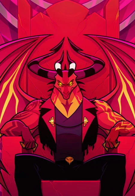 satanhelluvaboss, horns, dragon, demon, tattoo, multiple eyes, wings, throne, 1boy, jacket, solo, sitting, red skin, demon wings, red background, helluva_boss_style