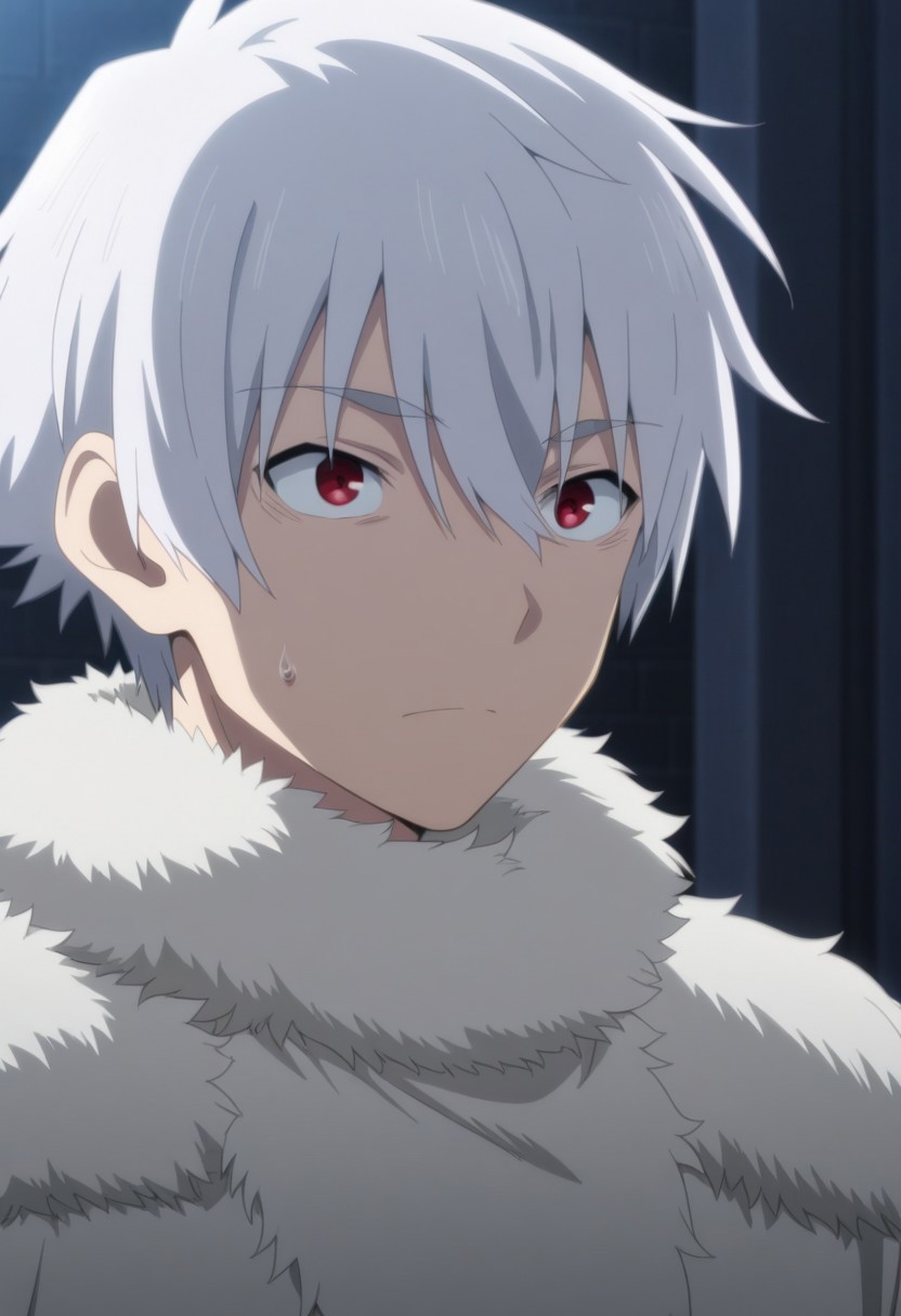 masterpiece,best quality,amazing quality, source_anime, 
NagumoHajime, 1boy, male focus, solo, red eyes, white hair, fur collar,