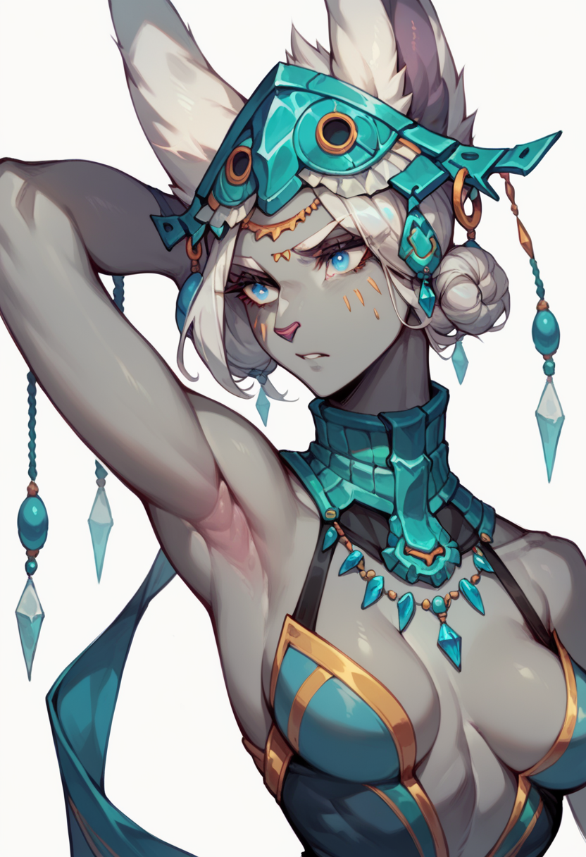 score_9, score_8_up, score_7_up, <lora:mineruXL:0.9>, 1girl, breasts, solo, white background, simple background, medium breasts, armpits, grey skin, jewelry, blue eyes, animal ears