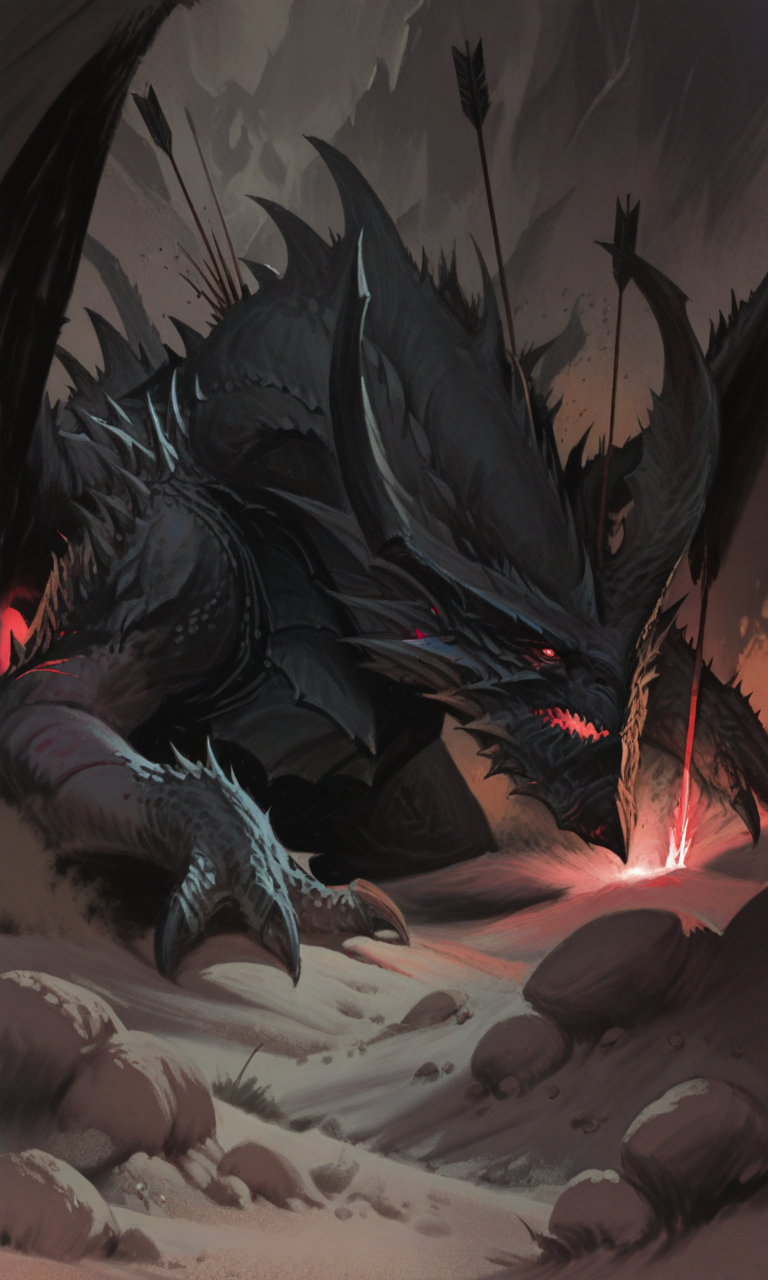 dark and ominous atmosphere, glowing red eyes, spikes, claws, rocky terrain, dramatic lighting, digital painting, high quality, wounded dragon, looking at wounded friend, arrow stuck, horns, 2 dragons<lora:HyperdetailedColoredPencilIl:0.8>, <lora:- iLL - combined_concept_V1.0-step00033500:.7>, <lora:- iLL - combined_stylized_V1.0-step00001500:.8>