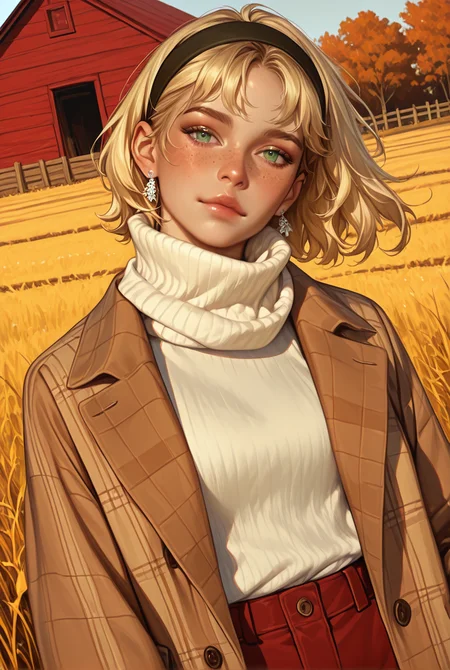 3l3ganc3, semi-realism, 1girl, freckles, 25yo woman, young woman, solo, jewelry, blonde hair, earrings, green eyes, looking at viewer, lips, hairband, scarf, outdoors, sweater, upper body, day, closed mouth, white scarf, realistic, white sweater, red pants, beige plaid coat, outdoors, farm, red barn, autumn weather, cowboy shot, windy, slight head_tilt, dutch angle,  <lora:Elegence_Niji-000010:0.9>