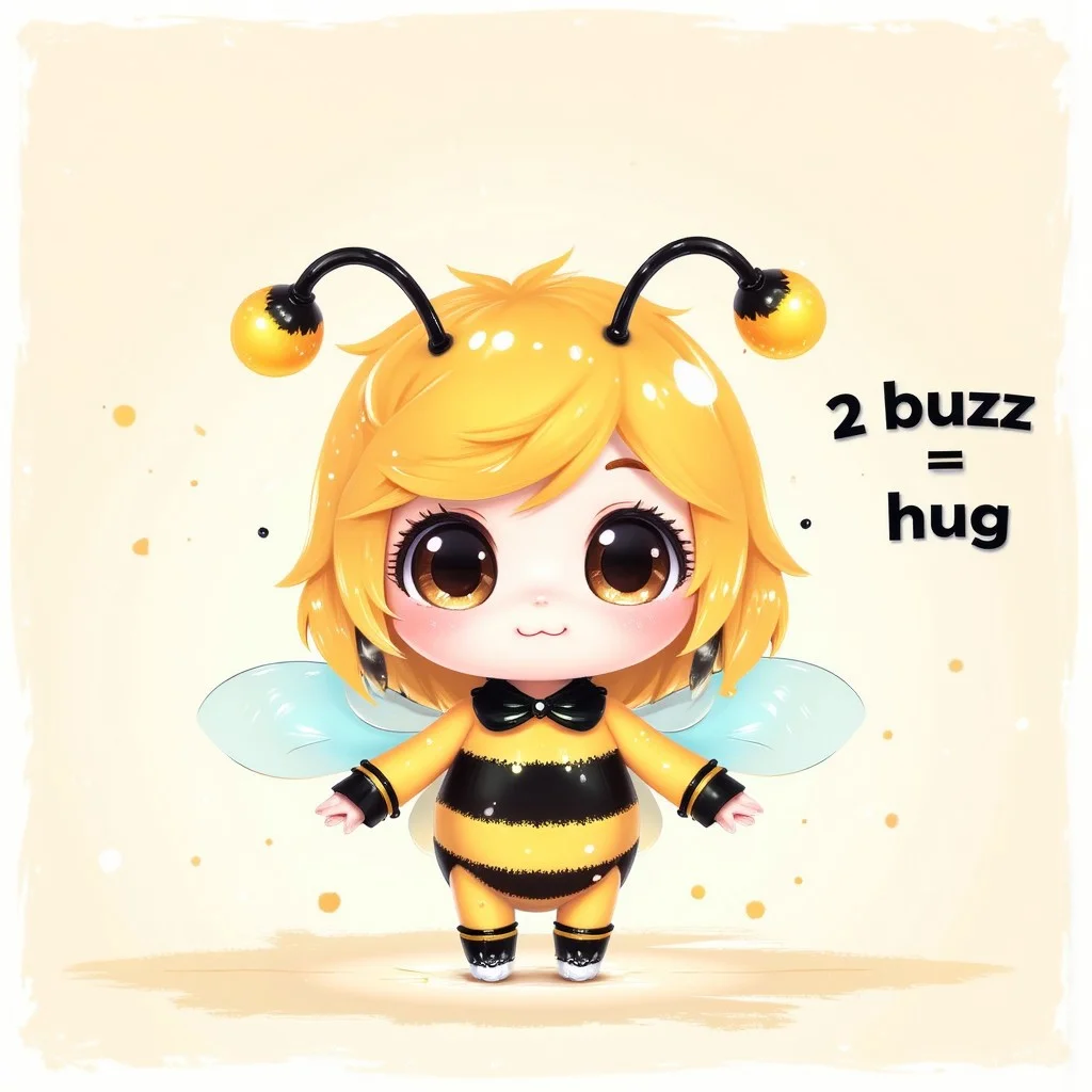 female bee, cute, adorable, standing, looking at viewer , outstretched arms, chibi, anthro. The text alongside her reads “2 buzz = 1 hug”.