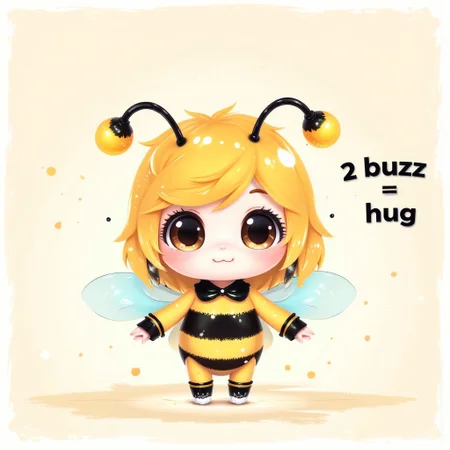 female bee, cute, adorable, standing, looking at viewer , outstretched arms, chibi, anthro. The text alongside her reads “2 buzz = 1 hug”.
