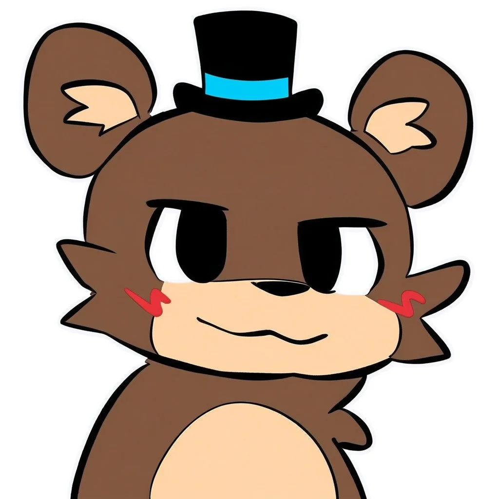 score_9, 1guy, solo, freddy, bear ears, brown fur, beige snout, top hat, mikus-concept, looking at viewer, :3, blush, white background