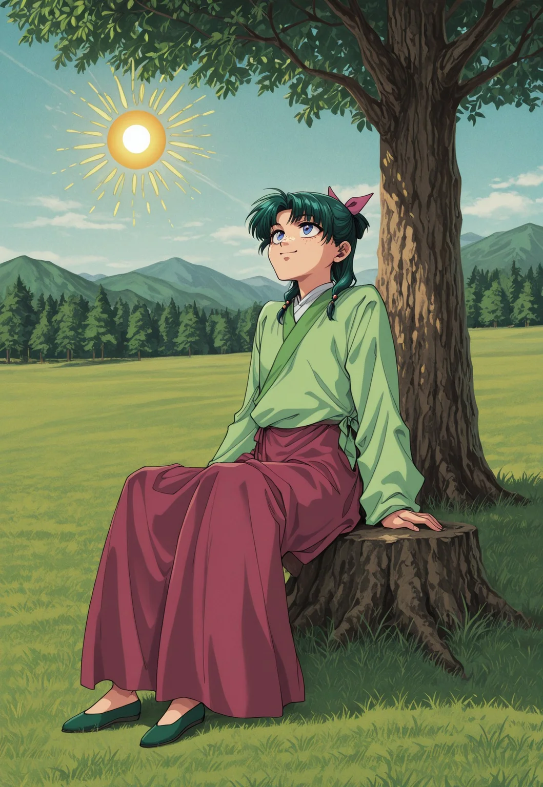MinekuraStyle, official art, cover, 1990s style, retro artstyle, film grain, BREAK
ADMao2, 1girl, green hair, blue eyes, freckles, flat chest, defaulthairstyle, low twintails, half updo, hair beads, blue hair bow, hair over shoulder, defaultoutfit, green aoqun, red long skirt, green flats, sitting, outdoors, grass, day, sun, tree, smile, looking up, arm support,