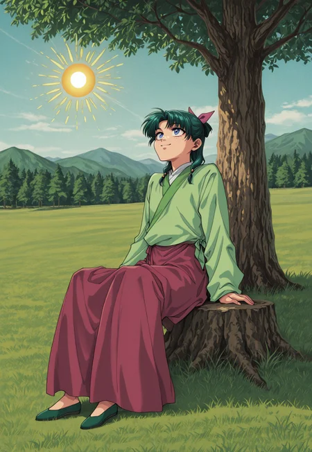 MinekuraStyle, official art, cover, 1990s style, retro artstyle, film grain, BREAK
ADMao2, 1girl, green hair, blue eyes, freckles, flat chest, defaulthairstyle, low twintails, half updo, hair beads, blue hair bow, hair over shoulder, defaultoutfit, green aoqun, red long skirt, green flats, sitting, outdoors, grass, day, sun, tree, smile, looking up, arm support,