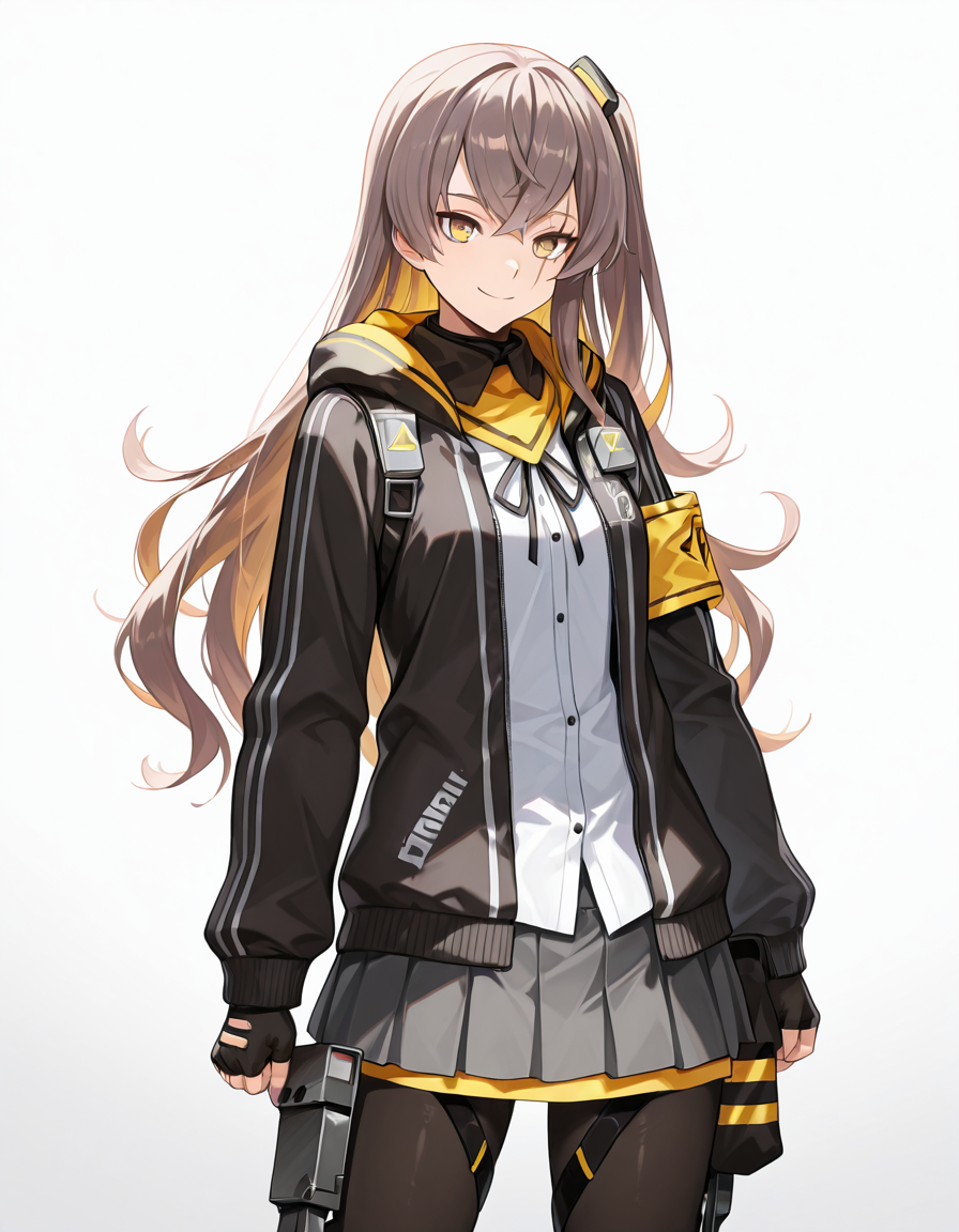 Volumetric Lighting, (masterpiece), (best quality), (ultra-detailed), masterpiece, source_anime, score_9, score_8_up, score_7_up BREAK, illustration, disheveled hair, detailed eyes, perfect composition, moist skin, intricate details, detailed eyes, detailed face, detailed fingers BREAK, UMP45, brown hair, long hair, one side up, yellow eyes, scar across eye BREAK, UMP45def, def_hair_ornament, def_scarf, def_hooded_jacket, def_thigh_straps, def_knee_pad, def_exoskeleton, def_shirt, def_skirt, def_fingerless_gloves, def_pantyhose, def_neck_ribbon, def_armband, BREAK, ((white background)), looking at viewer, smile, closed mouth, standing, upper body