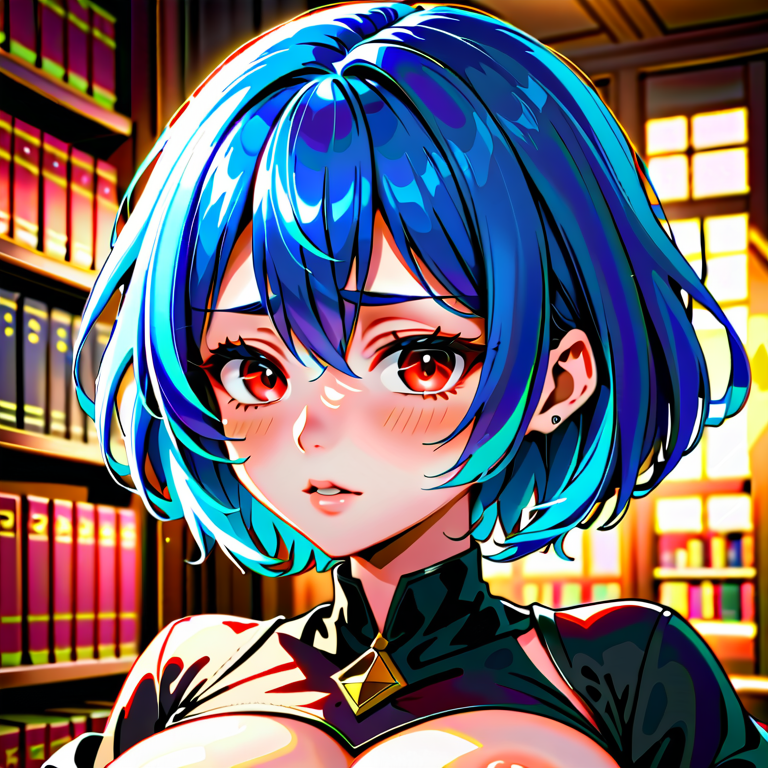 <lora:ShiaV1.0-000006:1>, Shia from Meikyuu, solo, diamond-shaped pupils, red eyes, blue hair, short hair, hair between eyes, white highlights, large breasts, library background