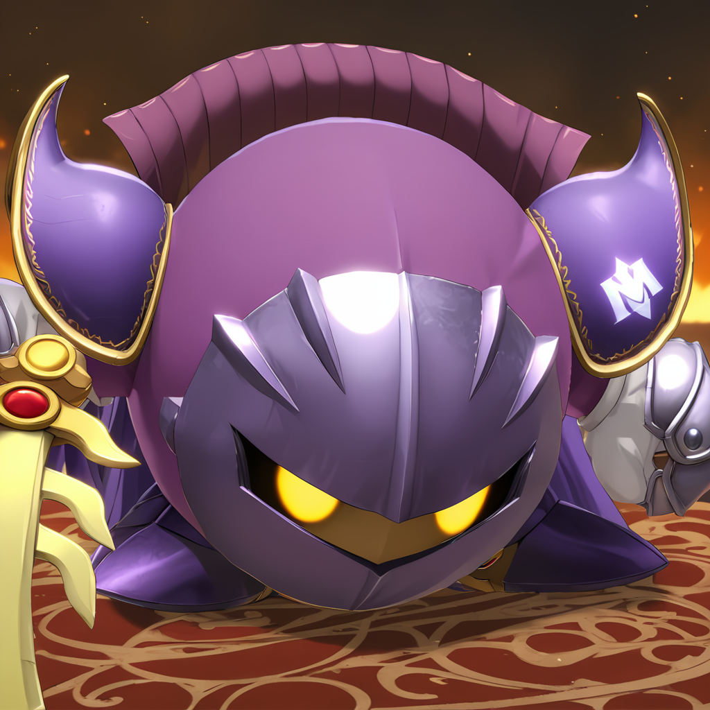 MetaknightXL, mask, yellow eyes, cape, sword,<lora:MetaknightXL:1>, purple outfit, (anime, masterpiece, intricate:1.3), (best quality, hires textures, high detail:1.2), (4k),(incredibly detailed:1.4),UHD, 8K, ultra detailed