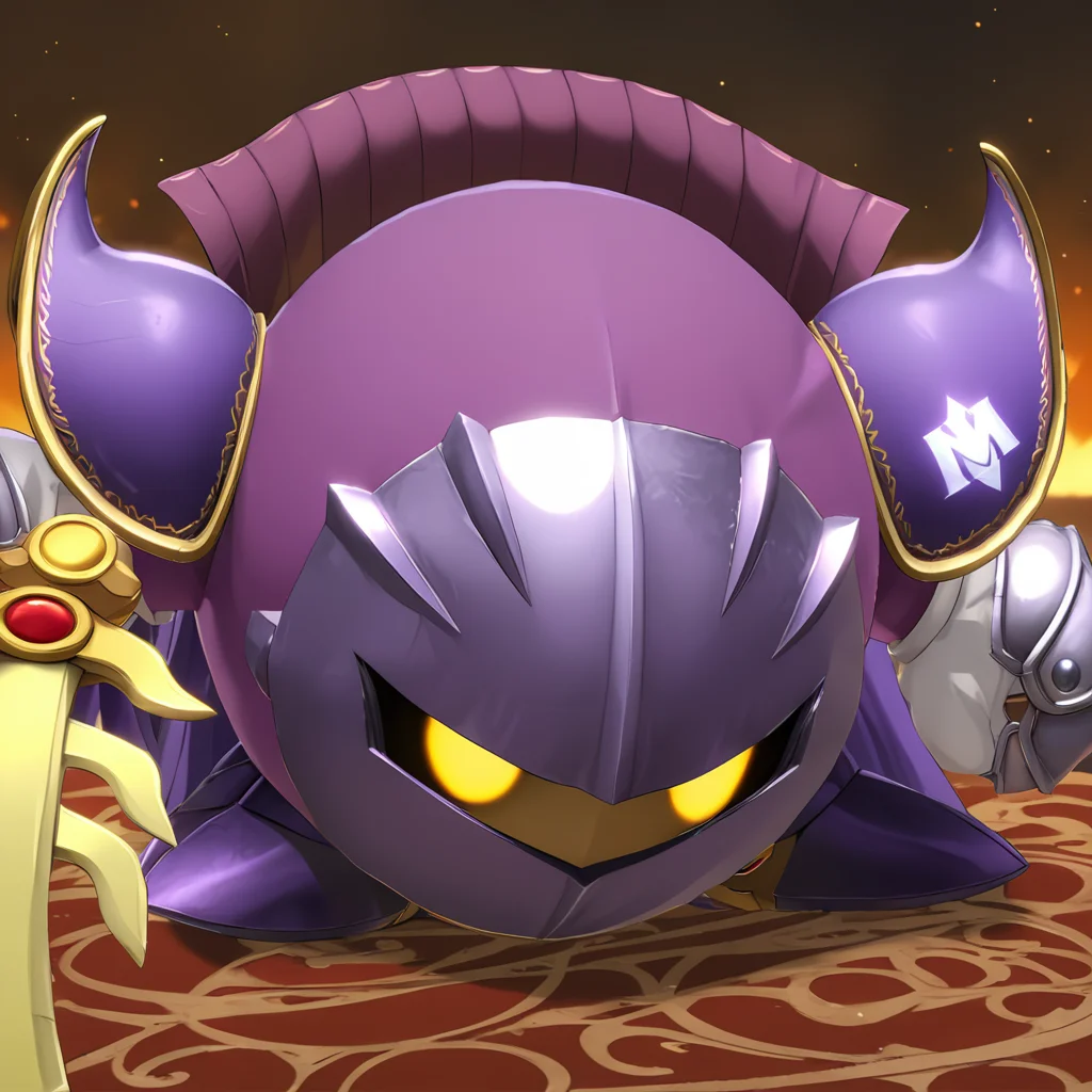 MetaknightXL, mask, yellow eyes, cape, sword,<lora:MetaknightXL:1>, purple outfit, (anime, masterpiece, intricate:1.3), (best quality, hires textures, high detail:1.2), (4k),(incredibly detailed:1.4),UHD, 8K, ultra detailed