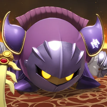 MetaknightXL, mask, yellow eyes, cape, sword,<lora:MetaknightXL:1>, purple outfit, (anime, masterpiece, intricate:1.3), (best quality, hires textures, high detail:1.2), (4k),(incredibly detailed:1.4),UHD, 8K, ultra detailed