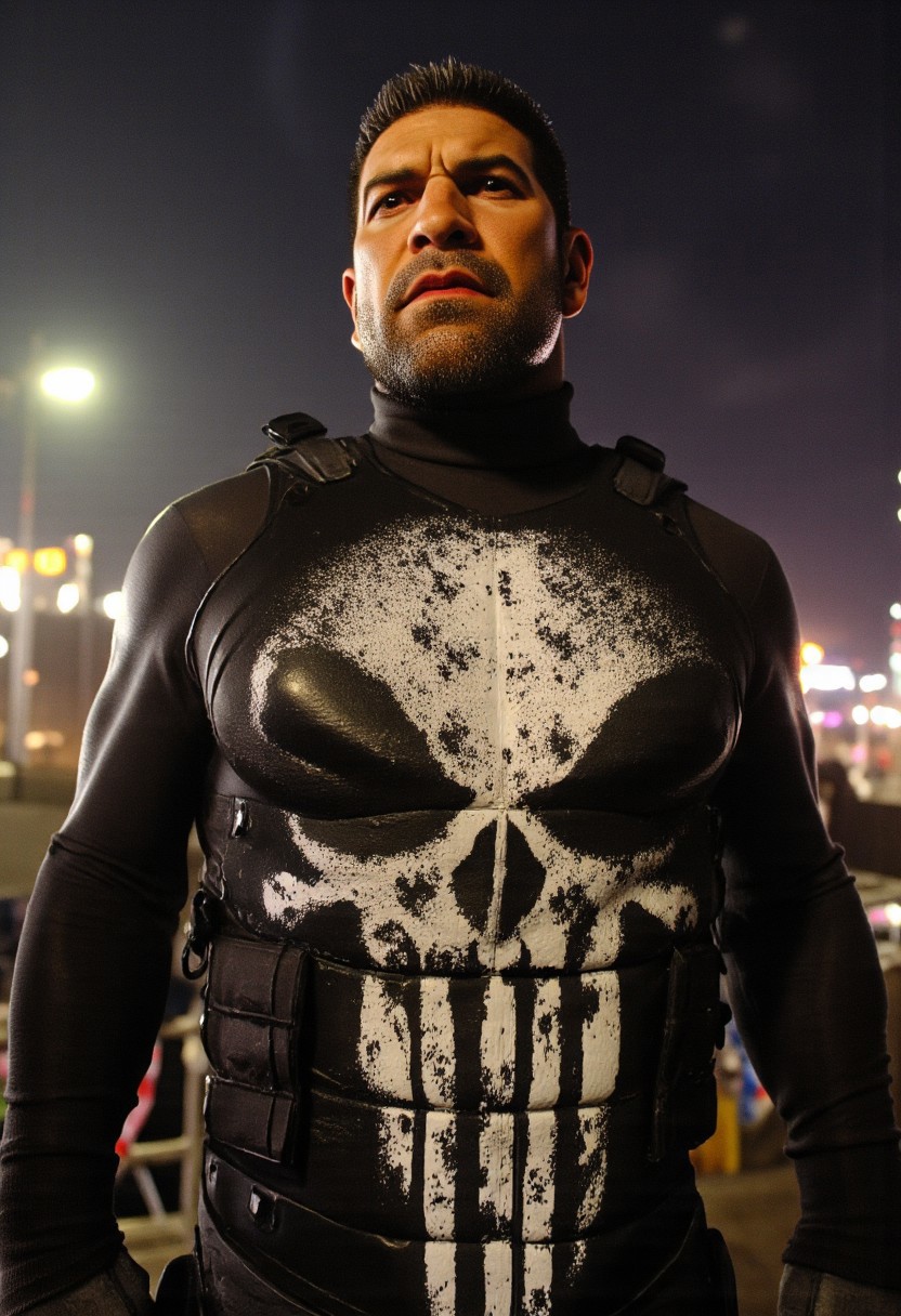 high angle camera view from above and at a distance, realism, perfection style, bosstyle, skin texture style, Photo Quality Frank Castle Male Face with a stubbled Black beard, Caucasion Skin, Chort Black Military style haircut, detailed, facial expression style, High details face, High detailed Eyes, Full Body view, The Punisher Battle Worn White dirty Skull Motif painted on the chest of his Man in Gothic armour, futuristic, Jet Black with Black Trim Exosuit, Heavy Mech, Dynamic Aggressive Combat Pose, Exosuit, Extremely Low V cut top, Power Armor, futuristic, Tactical Futuristic Samurai Sword, Perfect hand, Fighting a Dragon, Heavy Mech, Armor Color Jet Black with Black Trim and a dirty white Skull Motif painted on the chest, Robot, Full body, Ready to strike, futuristic, (off-center composition, left aligned, Portrait),  Detailed hand, battle-worn, Gothic Neon Cyberpunk Night City Cityscape Background, cinematic film still glamorous photo dark art by Rafael Zabaleta, expressionism art by Asger Jorn, vibrant, Abstract expressionism, experimental painting techniques, bold bright colors, dynamic compositions, Expressionism, emotive brushwork, brilliant tones, dramatic lighting, introspective themes. high fashion, luxurious, extravagant, stylish, sensual, opulent, elegance, stunning beauty, professional, high contrast, detailed. shallow depth of field, vignette, highly detailed, high budget, bokeh, cinemascope, moody, epic, gorgeous, film grain, grainy