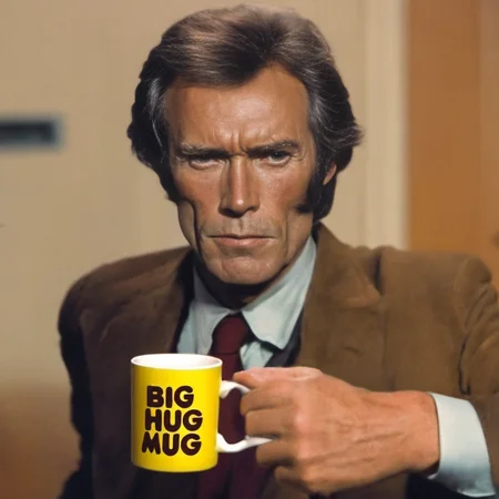 <lora:Big Hug Mug:1>Clint Eastwood as Dirty Harry, down at the precinct, holding, A ((golden yellow)) colored mug with (((red text))) on it says (Big Hug Mug), grainy tv, static interference
