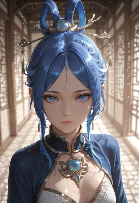 masterpiece, best quality, volumetric lighting, dramatic lighting, depth of field, sharp focus, semi realistic, realistic shading, warm natural lighting, (emphasize body curves:1.2), (mature female:1.2), (detailed face and eyes:1.2), (proper anatomy:1.3), natural interaction, (highlighted skin gloss:1.1),
BREAK
1girl , solo, blue eyes, blue hair, forehead jewel, topknot, hair sticks, alternate costume, casual oufit, small breasts,small head,
face portrait,front view, standing, looking at viewer, (white intricate background, dynamic perspective:1.3),
<lora:illustrious_quality_modifiers_masterpieces_v1:0.6> <lora:MGE_V5.2_IL:0.7> <lora:ppw_v7_Illuv1.0_1_r2:0.4> <lora:USNR_STYLE_ILL_V1_lokr3:0.5> <lora:Yuwen_Yongning__Demon_Emperor__Illustrious_v5:0.9>