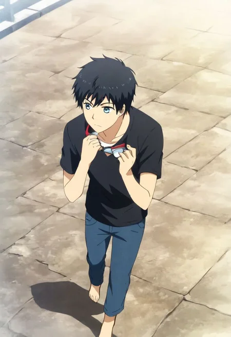 high resolution, solo, best quality, 1Boy, Arata Kaizaki, Black Hair, Blue Eyes, casual, seen from above, gangster, dominant, intimidate, OverallDetail