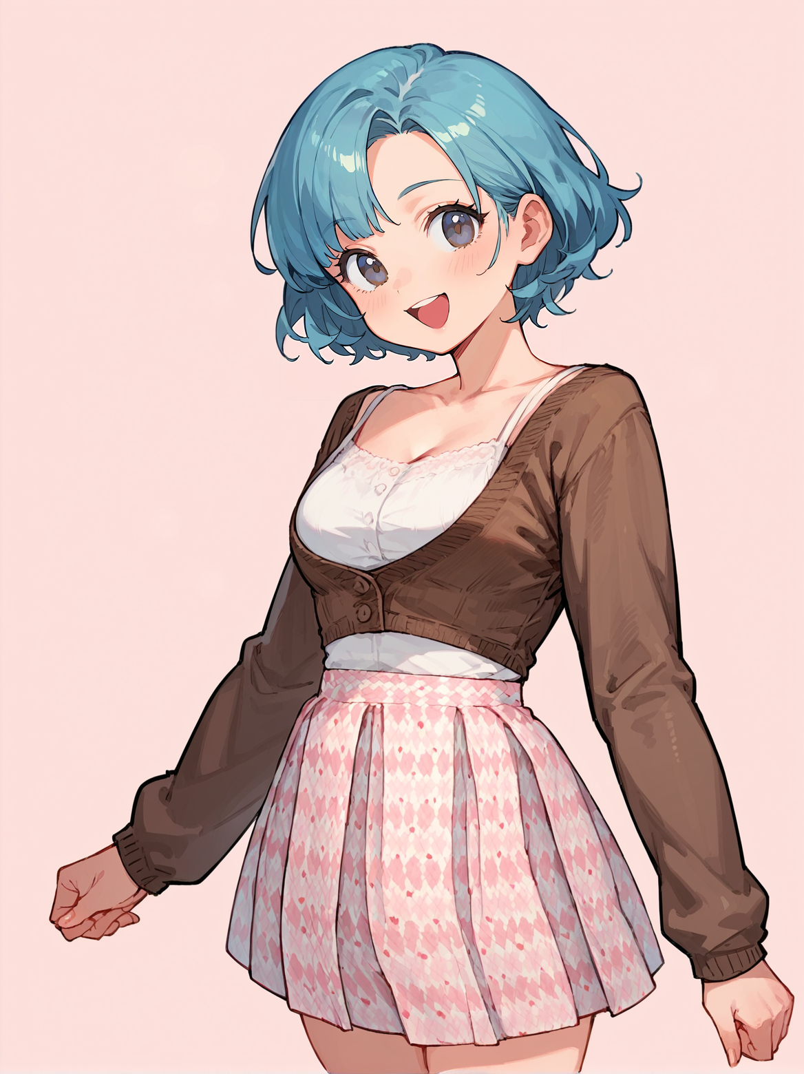 score_8_up, score_7_up, score_6_up, source_anime, 1girl, solo, simple background, pink background,
standing, pose, contrapposto, arched back, cowboy shot, (facing viewer:1.5)
happy, 
cropped cardigan, brown cardigan, argyle skirt <lora:Two_Piece_08:1>