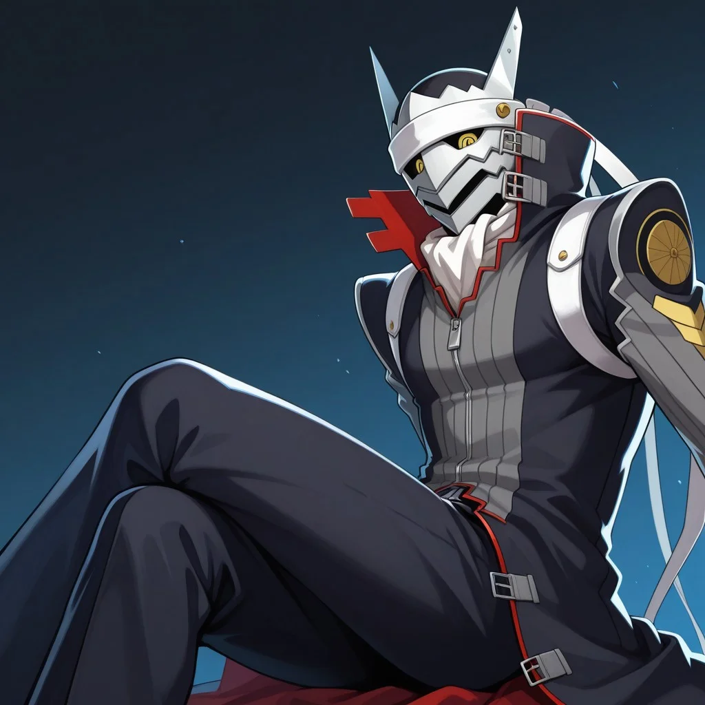 ultra-detailed, hires, masterpiece, best quality, high quality, absurd res, newest, perfect face, perfect eyes BREAK male, 1boy, solo, izanagip4, black sclera, yellow eyes, white headband, dynamic pose, sitting, legs crossed