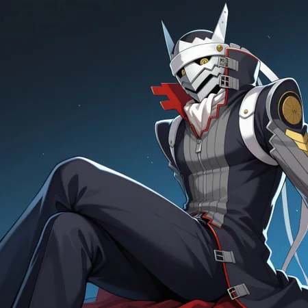 ultra-detailed, hires, masterpiece, best quality, high quality, absurd res, newest, perfect face, perfect eyes BREAK male, 1boy, solo, izanagip4, black sclera, yellow eyes, white headband, dynamic pose, sitting, legs crossed