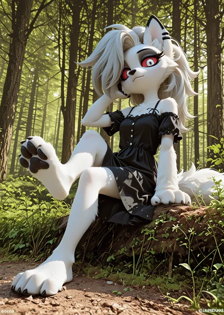 outline, solo, loona_\(helluva_boss\), leg up, red sclera, white eye, (dynamic comparison:1.3), masterpiece, best quality, very aesthetic, [sketch:no_lineart], looking_at_viewer, humanization, white fur, sitting, casual dress,, [minimalism:0.9], from_below, foot bottom view, paws, sole, toys, BREAK (photorealistic background:1.3), (forest:1.3), grass, warm, summer,