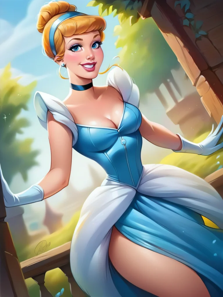 score_9, score_8_up, score_7_up, score_6_up, 1girl, makeup, blue dress, bare shoulders, cleavage, gloves, hair bun, hairband, choker, jewelry, curvy, medium breasts, narrow waist, wide hips, thick thighs, looking at viewer, dynamic angle, cowboy shot, cartoon, dynamic pose, smile, cute, wide shot, realistic,
<lora:CindirellaXLP_character:1>CinderellaXLP