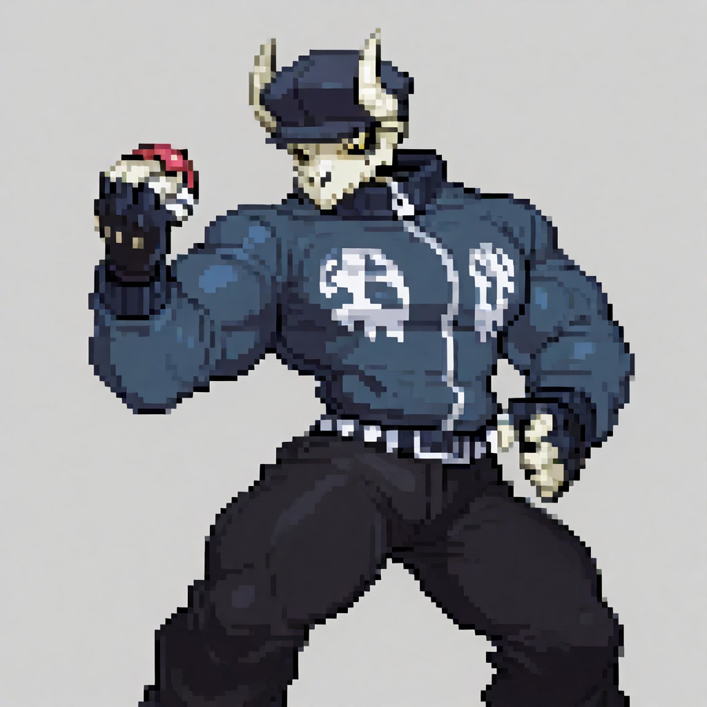 Tabi, skull head, goat skull, black sclera, yellow eyes, jacket, blue jacket, muscular, Muscles Hyper Buff, pants, black pants, fingerless gloves, white skin, dark blue hat, holding pokeball, solo