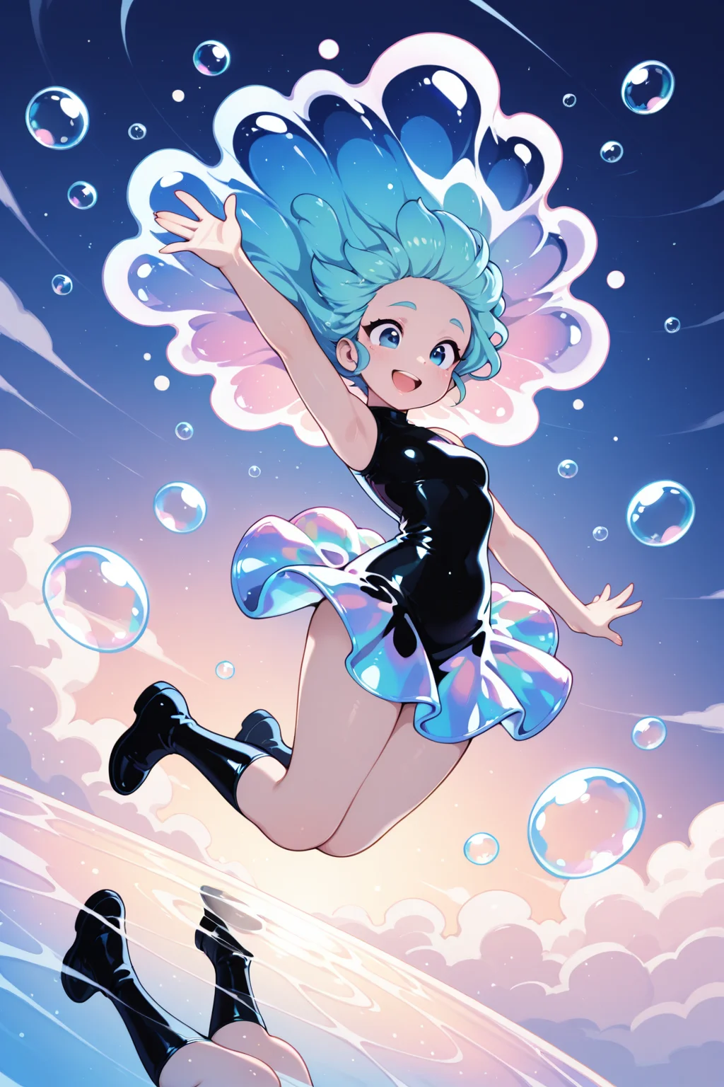 masterpiece,best quality,amazing quality
dutch angle, floating bubbles, big bubbles, a lot of bubbles, iridescent reflections, jumping, smile, happy