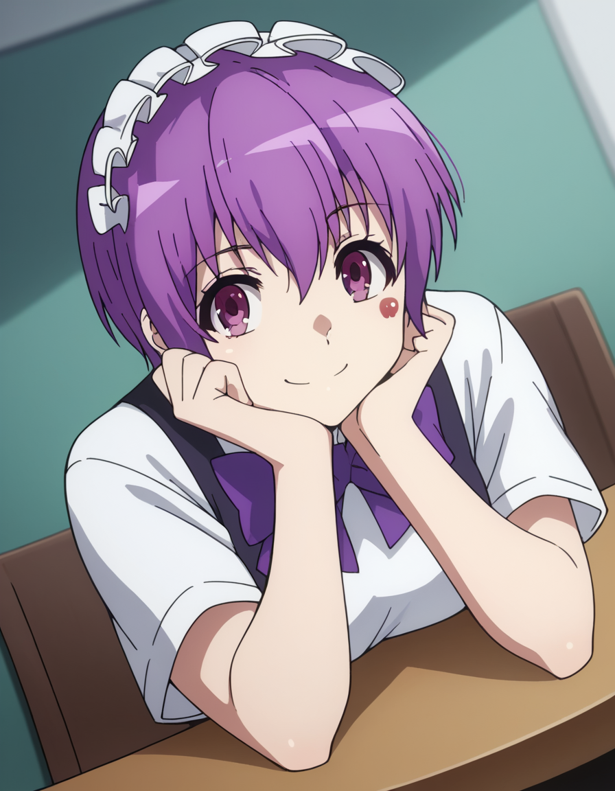 score_9, score_8_up, score_7_up, source_anime, <lora:naruha-sakuragi-acc1-ponyxl-lora-nochekaiser:1>, naruha sakuragi, short hair, purple eyes, purple hair,, shirt, bow, tail, short sleeves, bowtie, maid headdress, rabbit tail,, indoors, smile, looking at viewer, solo, sitting, head rest, table,, cowboy shot, dutch angle