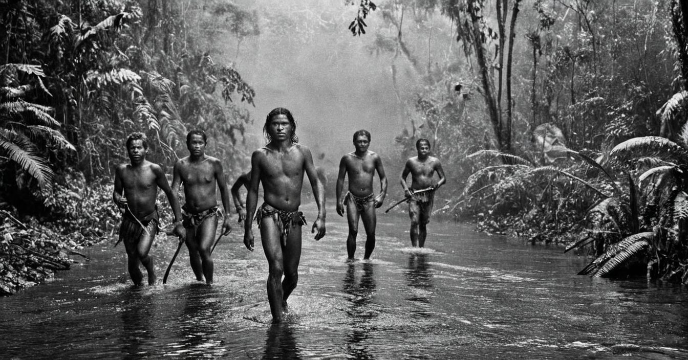 black and white photograph of few indigenous people hunting in the amazonian rain forest, insane details, dramatic lights, high definition, 35mm camera, film photography style, heavy grain, ral-chrosc-bw, masterpiece, national geographic style, strong vignette, high contrast