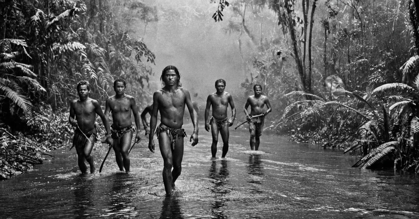 black and white photograph of few indigenous people hunting in the amazonian rain forest, insane details, dramatic lights, high definition, 35mm camera, film photography style, heavy grain, ral-chrosc-bw, masterpiece, national geographic style, strong vignette, high contrast
