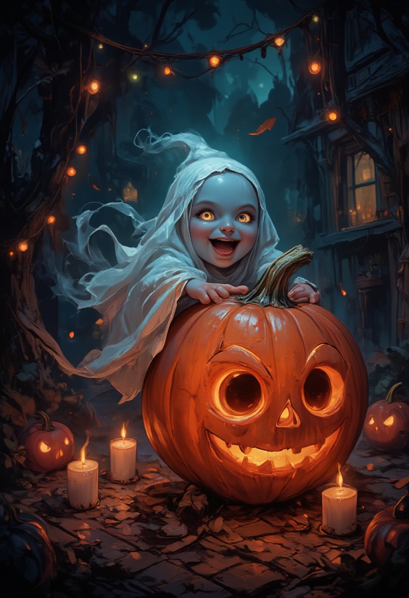 horror show, monster, nightmare, fear, illustration, 
"Imagine a charming ghost with big round eyes and a wide smile. It glows softly with a pale blue light and wears a small witch's hat. The ghost joyfully circles around a huge, bright orange pumpkin carved in the shape of a funny face, with twinkling lights inside. It hugs the pumpkin like its best friend, and sometimes lifts it into the air, enjoying Halloween. Autumn leaves are flying around, and the background is a cozy night-time yard decorated with garlands and candles. The whole image radiates warmth, joy and fun of the holiday."