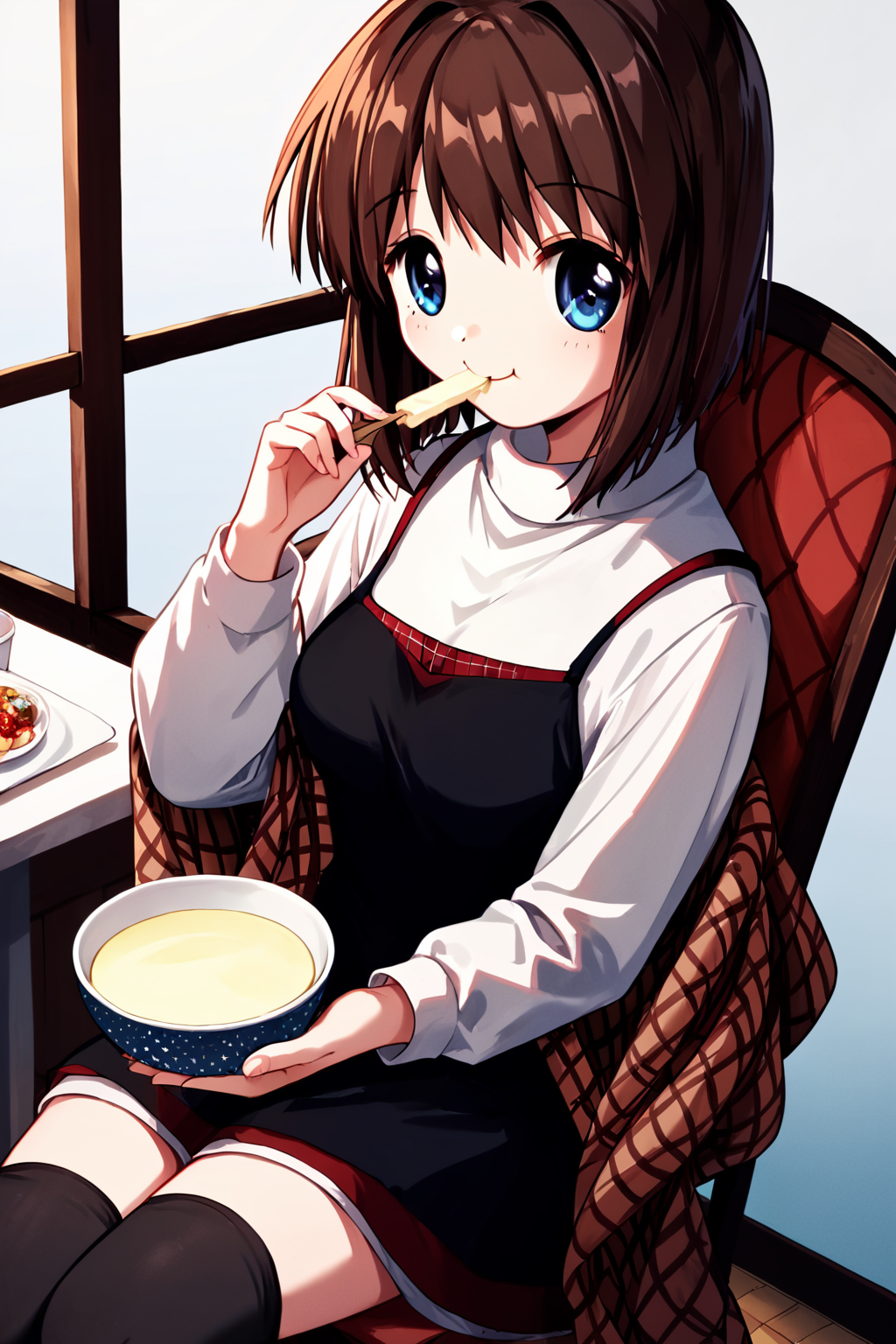 score_9, score_8_up, score_7_up, score_6_up, rating_safe, source_anime, best quality, masterpiece, detailed background, detailed eyes, cafeteria, sitting in chair, eating a bowl of ice cream, <lora:misaka-shiori-xl-04:1>, misaka shiori, medium breasts, brown hair, blue eyes, black dress over white turtleneck, brown plaid shawl, black stockings, smile