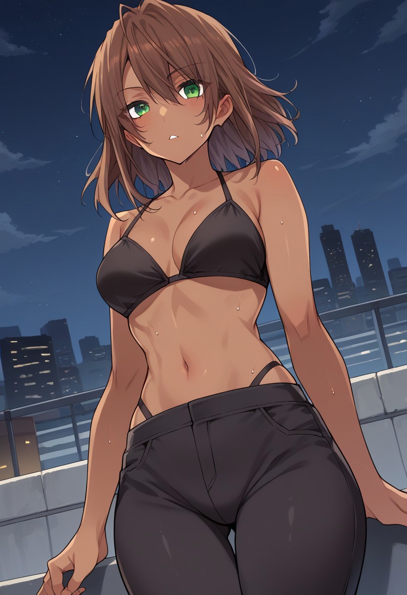 zPDXL3, score_9_up, score_8_up, score_7_up, (Anime_source), 1girl, JunShiosato-artstyle, green eyes, brown hair, medium hair, dark skinned female, bikini, sweat pants, cowboy shot, looking at viewer, parted lips, standing on roof, city, night, floating hair, dutch angle