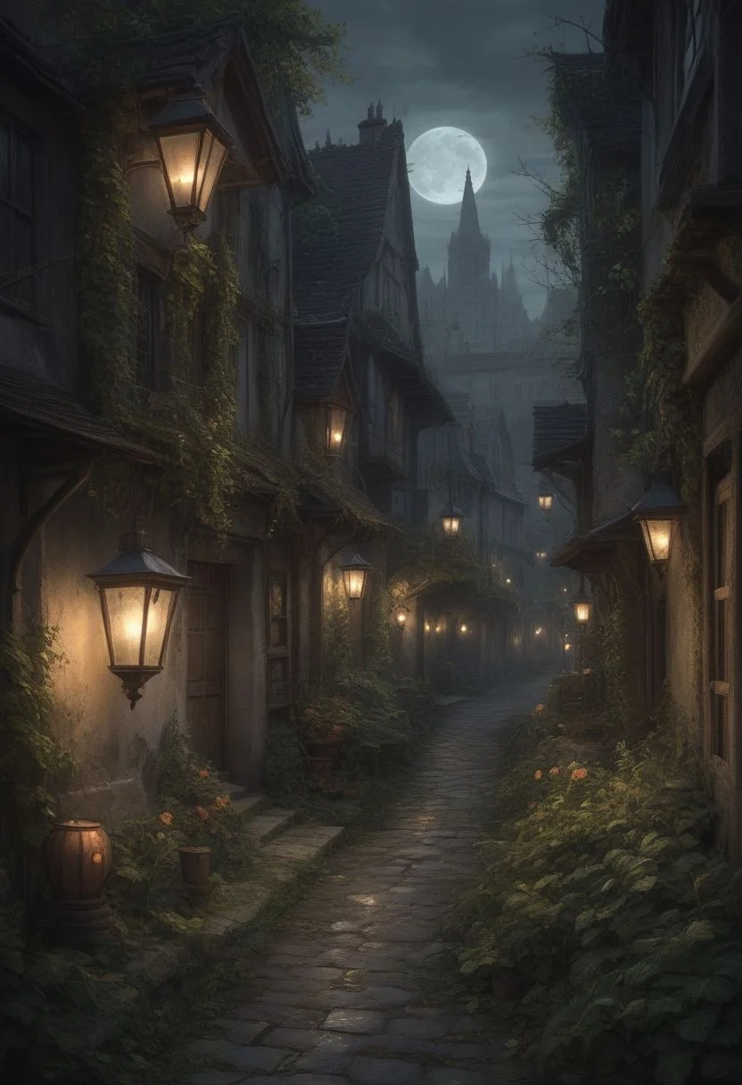 A ghostly village lost to time, houses crumbling and streets overgrown with thorny vines. Lanterns glow softly, hung by unseen hands, lighting a path for the night s phantoms who parade in silent vigil. A mysterious well in the square whispers secrets to those who dare listen closely