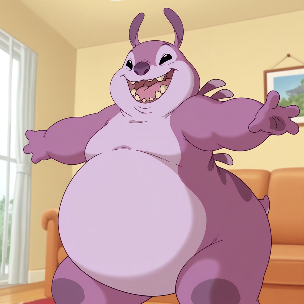 masterpiece, best quality, amazing quality, official artstyle, c4nn0nb411, male, furry male, solo, purple body, two-tone skin, black eyes, purple nose, short ears, sharp teeth, spines on back, 3 toes, short tail, paw pads, fat, standing, smile, open mouth, arms outstretched, indoors, living room