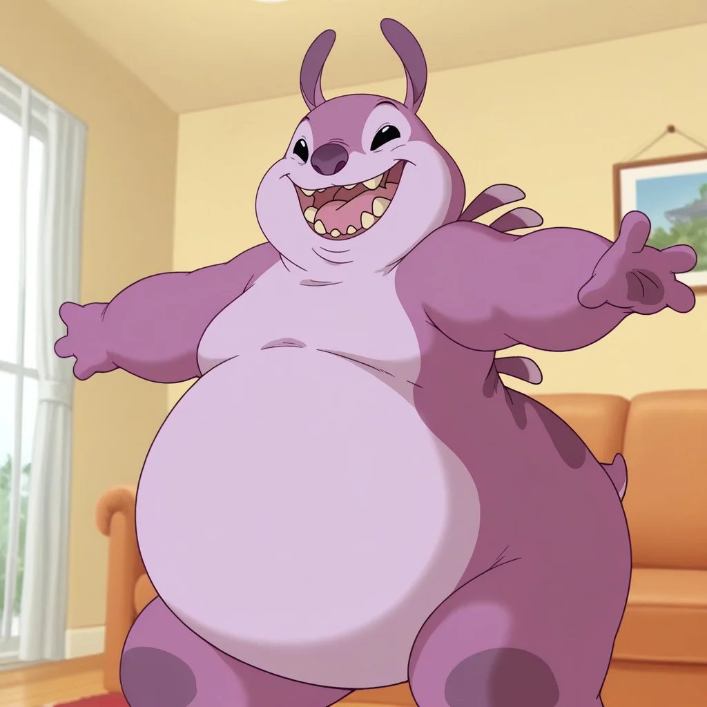 masterpiece, best quality, amazing quality, official artstyle, c4nn0nb411, male, furry male, solo, purple body, two-tone skin, black eyes, purple nose, short ears, sharp teeth, spines on back, 3 toes, short tail, paw pads, fat, standing, smile, open mouth, arms outstretched, indoors, living room