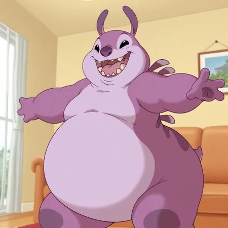masterpiece, best quality, amazing quality, official artstyle, c4nn0nb411, male, furry male, solo, purple body, two-tone skin, black eyes, purple nose, short ears, sharp teeth, spines on back, 3 toes, short tail, paw pads, fat, standing, smile, open mouth, arms outstretched, indoors, living room