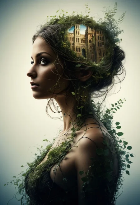 mysterious silhouette beautiful antique woman, (hanging gardens of babylon), goddess, alluring, by Minjae Lee, Carne Griffiths, Emily Kell, Steve McCurry, Geoffroy Thoorens, Aaron Horkey, Jordan Grimmer, Greg Rutkowski, amazing depth, double exposure, surreal, geometric patterns, intricately detailed, bokeh, perfect balanced, deep fine borders, artistic photorealism , smooth, great masterwork by head of prompt engineering <lora:add-detail-xl:2> <lora:Double_Exposure:0.5>
