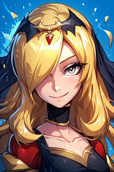 score_9, score_8_up, score_8, medium breasts, (curvy), cute, eyelashes, BREAK, , ,,, zzCynthiaRenegade, grey eyes, long hair, blonde hair, hair over one eye, hair ornament, official alternate costume, black dress, black choker, veil, tiara, collarbone, <lora:CynthiaRenegade_Pokemon_PDXL:1.0>, ,,, , BREAK, embedding:zPDXL, Expressiveh, ,,, <lora:EnergyCAT:1.0>, solo, smile, looking at viewer, aura, blue sky, ,,, <lora:SDXLFaeTastic2400:0.5>, <lora:Expressive_H-000001:0.4>,