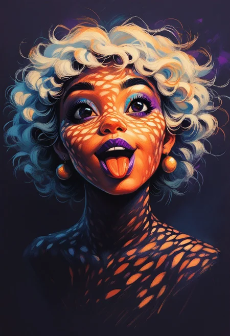 score_9, score_8_up, score_7_up, score_6_up, 1girl, ((happy, happy face, open mouth)), tongue out, white hair, small breasts, nipples, beautiful, dappled moonlight, purple lipstick, earrings, dark eyeliner, gold light shafts, dark purple background, portrait, cool color palette, s1_dram, ncpy13 style, pastels drawing