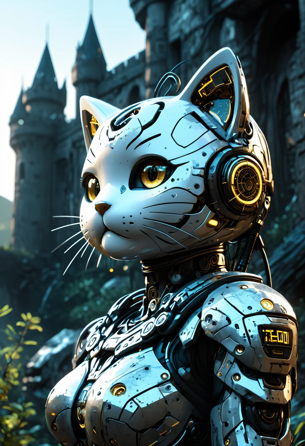 A high fantasy 200mm close-up shot of Hello Kitty, with high detailed and beautiful eyes, in a sci-fi style, set in A ruined castle overtaken by nature and time, a dynamic throwing pose and an pout expression and fully dressed, rating safe. The scene is illuminated by dynamic chiaroscuro lighting, enhancing the whimsical atmosphere. dust particles catching the golden sunlight. A hyper-detailed composition with ultra-HD refinement, flawless textures, and photorealistic clarity. The composition is a testament to artistic mastery, capturing the essence with unparalleled clarity., <lora:add-detail-xl:1>, <lora:JuggerCineXL2:0.75>, Jed-Cypnk, <lora:CyberpunkStyle:0.8>, eyeshd, <lora:Eyes_High_Definition:1>,