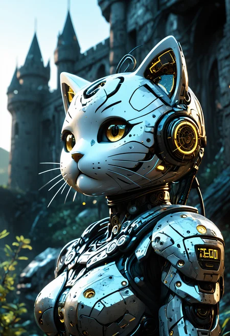 A high fantasy 200mm close-up shot of Hello Kitty, with high detailed and beautiful eyes, in a sci-fi style, set in A ruined castle overtaken by nature and time, a dynamic throwing pose and an pout expression and fully dressed, rating safe. The scene is illuminated by dynamic chiaroscuro lighting, enhancing the whimsical atmosphere. dust particles catching the golden sunlight. A hyper-detailed composition with ultra-HD refinement, flawless textures, and photorealistic clarity. The composition is a testament to artistic mastery, capturing the essence with unparalleled clarity., <lora:add-detail-xl:1>, <lora:JuggerCineXL2:0.75>, Jed-Cypnk, <lora:CyberpunkStyle:0.8>, eyeshd, <lora:Eyes_High_Definition:1>,