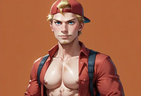 score_9, score_8_up, score_7_up, best quality, amazing quality, best aesthetic, source_anime, 8 k, 1 young adult man, OC_Jason_P, slim, slender, facial hair, bare chest, nipples,  backpack, backwards cap, blonde hair, blue pants, blush, border, seductive smirk, hand in pocket, hand on hip, male focus, orange background, open shirt, raglan sleeves, red headwear, simple background, solo, upper body, utensil in mouth, full body view