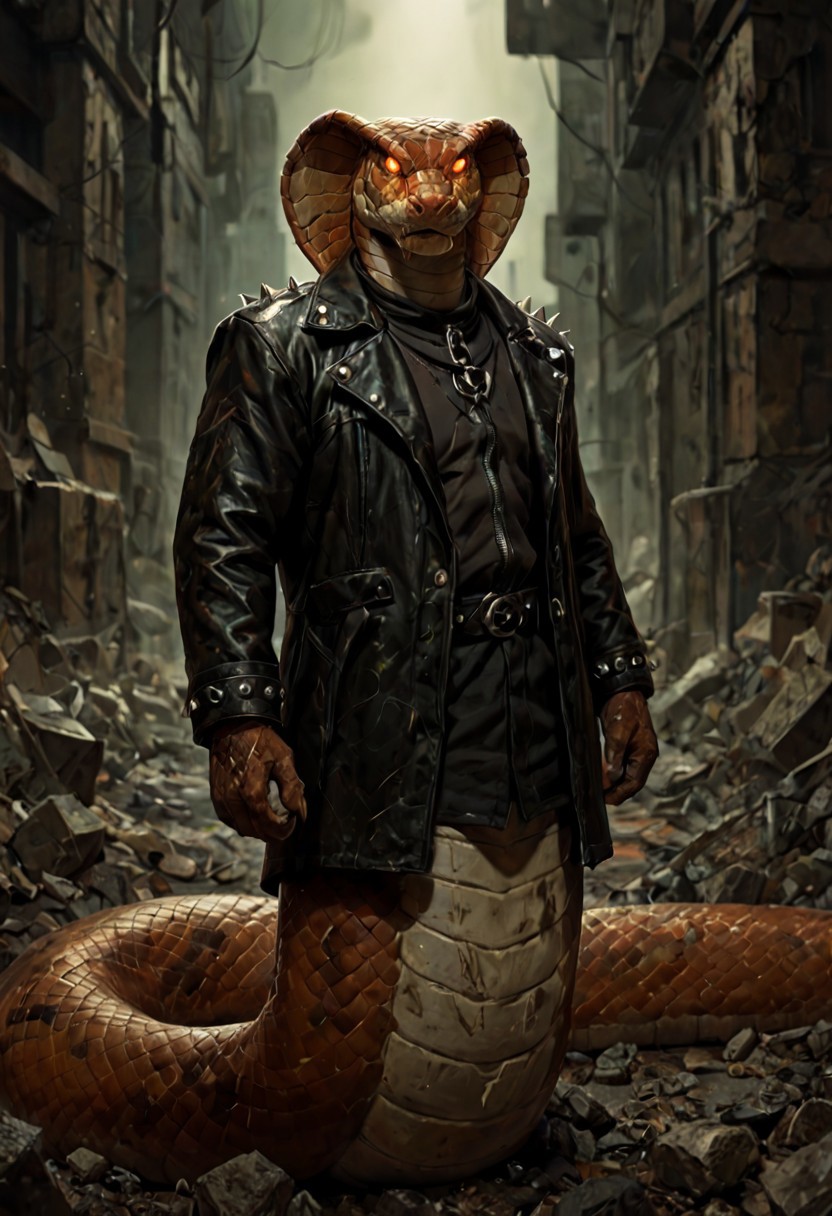 score_9, score_8_up, score_7_up, best quality, fine detail, 1boy, solo, wearing a large leather jacket with spikes and studs, (he is a snake), glowing eyes, (anthropomorphic_snakes_(naga)), in a dystopian city with rubble, visually interesting, vivid colors, dark shadows, highest quality,