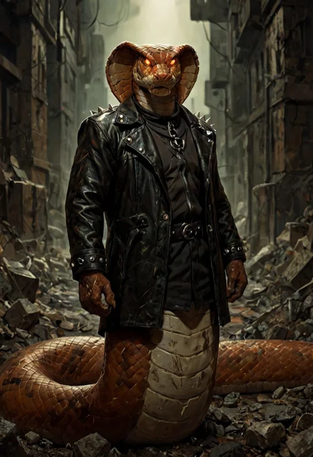 score_9, score_8_up, score_7_up, best quality, fine detail, 1boy, solo, wearing a large leather jacket with spikes and studs, (he is a snake), glowing eyes, (anthropomorphic_snakes_(naga)), in a dystopian city with rubble, visually interesting, vivid colors, dark shadows, highest quality,