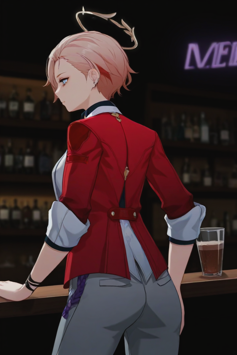 1girl,solo,1girl,shuweng\(star_rail\),from behind,indoors,Cyberpunk Bar,bartender,Blue-purple light,led light
red jacket,halo,open clothes,no shirt,gray pants,
score_9,score_8_up,score_7_up,score_6_up,score_5_up,score_4_up,
<lora:sdxl_lightning_8step_lora:1>,<lora:èç¿-000015:1>,