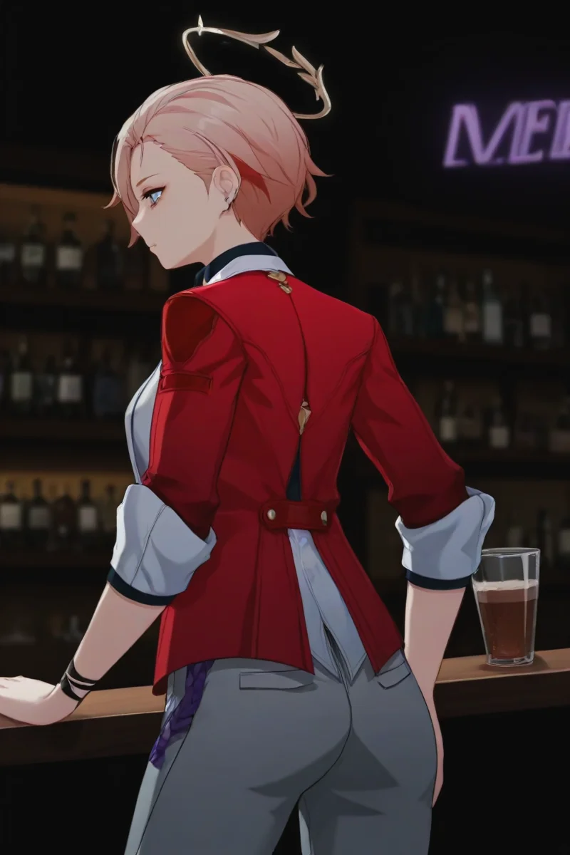 1girl,solo,1girl,shuweng\(star_rail\),from behind,indoors,Cyberpunk Bar,bartender,Blue-purple light,led light
red jacket,halo,open clothes,no shirt,gray pants,
score_9,score_8_up,score_7_up,score_6_up,score_5_up,score_4_up,
<lora:sdxl_lightning_8step_lora:1>,<lora:èç¿-000015:1>,