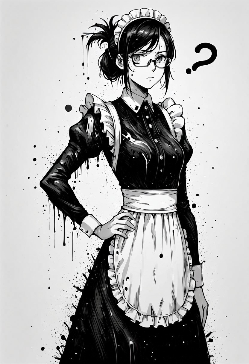 score_9, score_8_up, score_7_up, score_6_up, ink splats, monochrome, ink, 1girl, clagwimoth, confused, ?, cowboy shot, maid, starry dress, long dress, white apron, maid headdress, gray eyes, glasses, black hair, folded ponytail,  one hand on hip, confused expression, cloudy background,