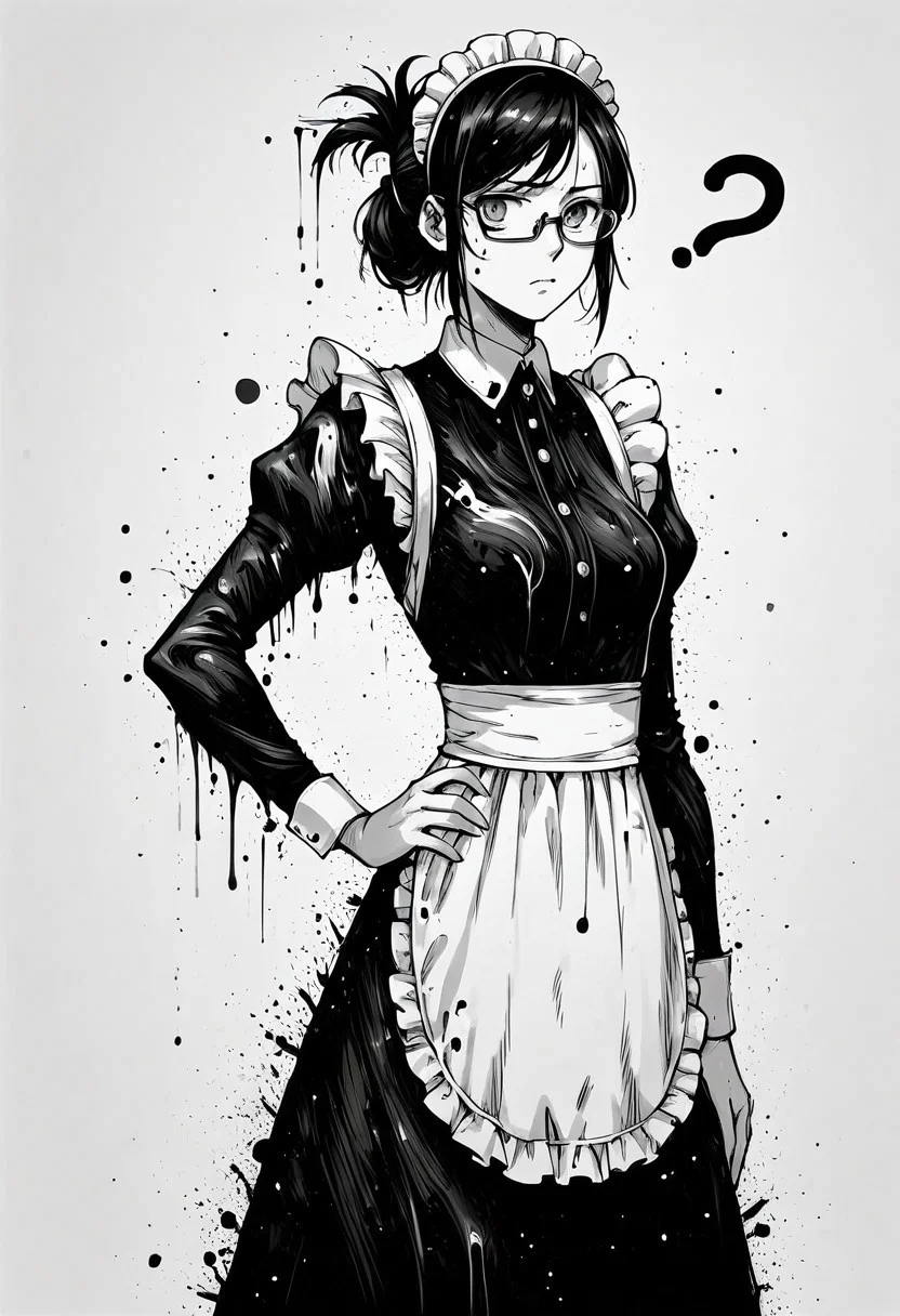 score_9, score_8_up, score_7_up, score_6_up, ink splats, monochrome, ink, 1girl, clagwimoth, confused, ?, cowboy shot, maid, starry dress, long dress, white apron, maid headdress, gray eyes, glasses, black hair, folded ponytail, one hand on hip, confused expression, cloudy background,